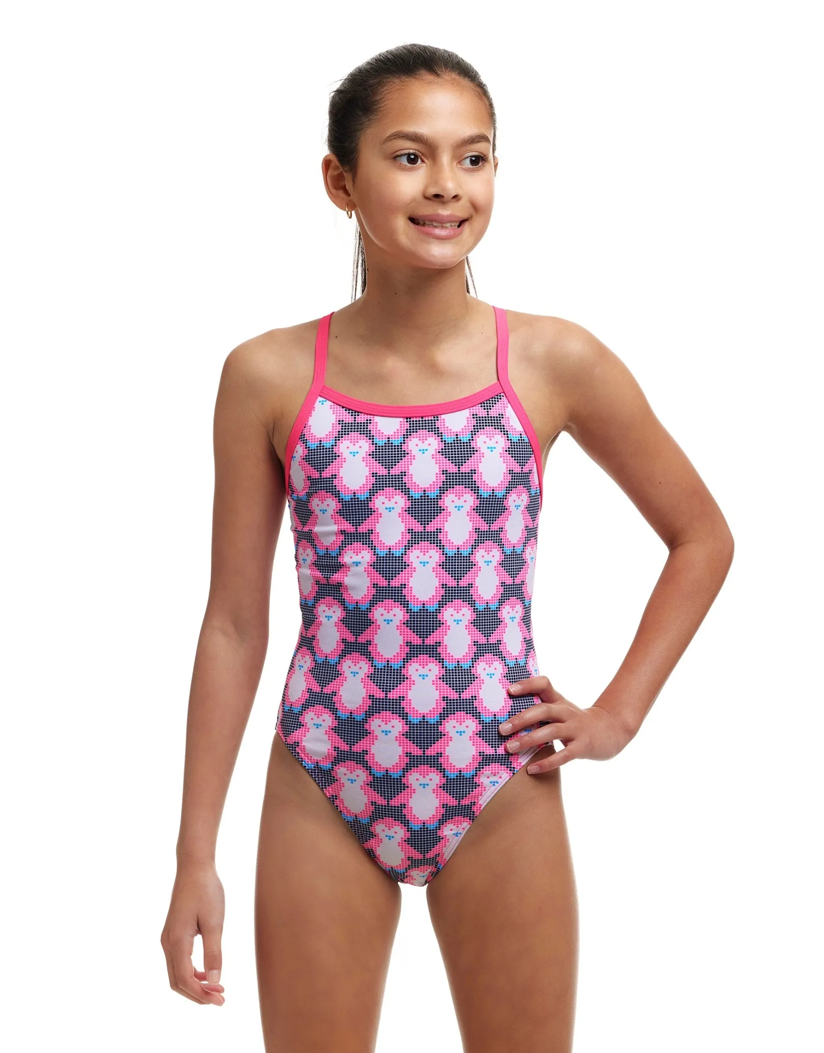 Girls Pen Guy Single Strap Swimsuit - Pink/Black