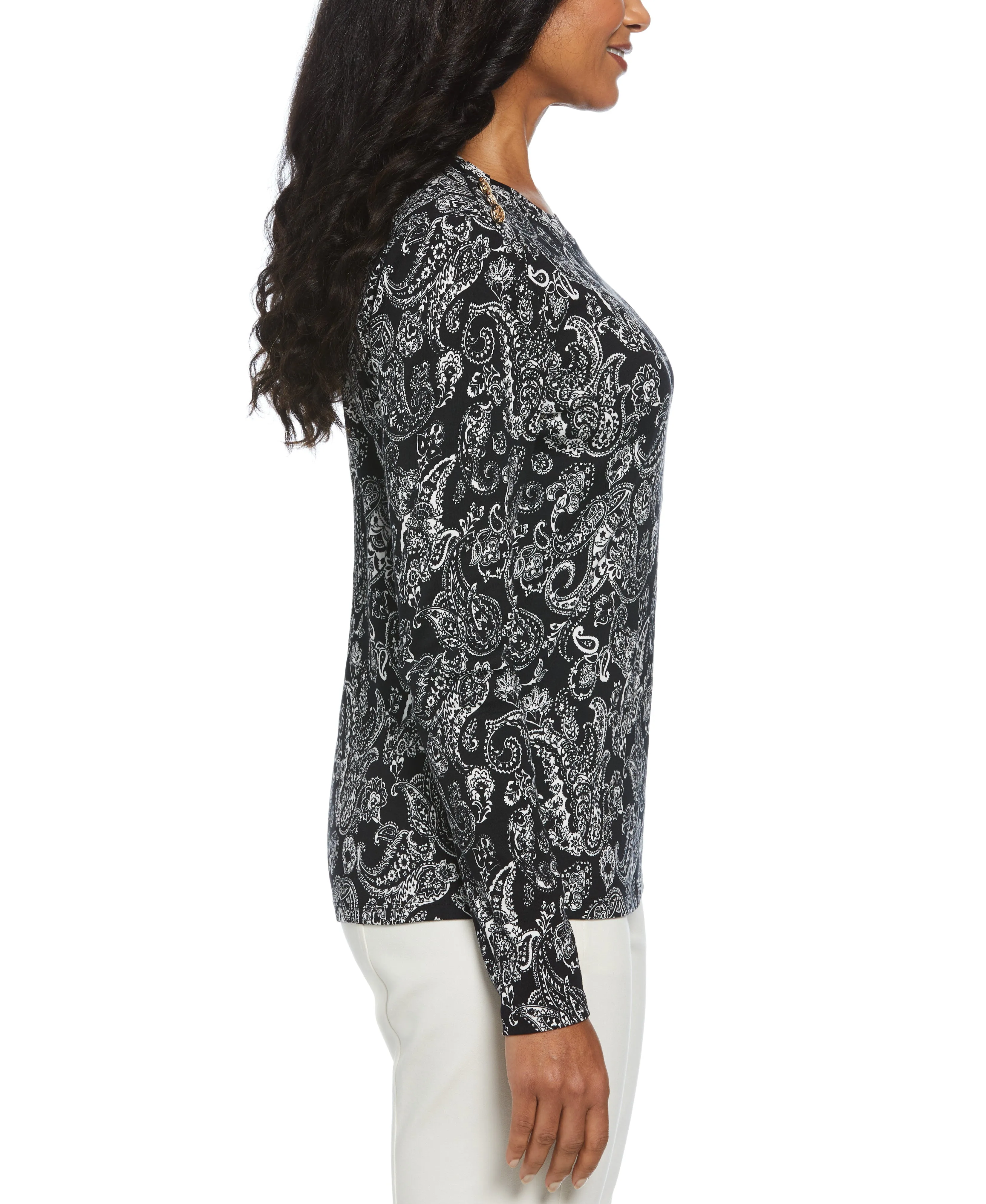 Paisley Print Button Detail Top
