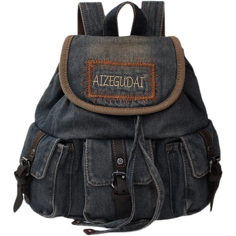 Vintage Womens Denim Backpacks School Backpack Bag Blue Denim School Rucksack For Women